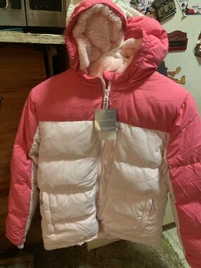 Eddie Bauer Pink and White Kids Puffer Jacket with Sherpa Hood